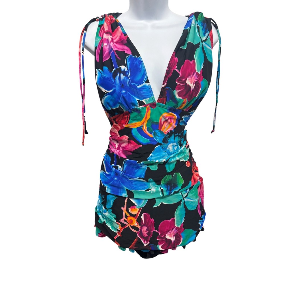 Mazu Swim Womens Floral Ruched Swim Dress Black Blue Pink Sz 16 Tropical V-Neck